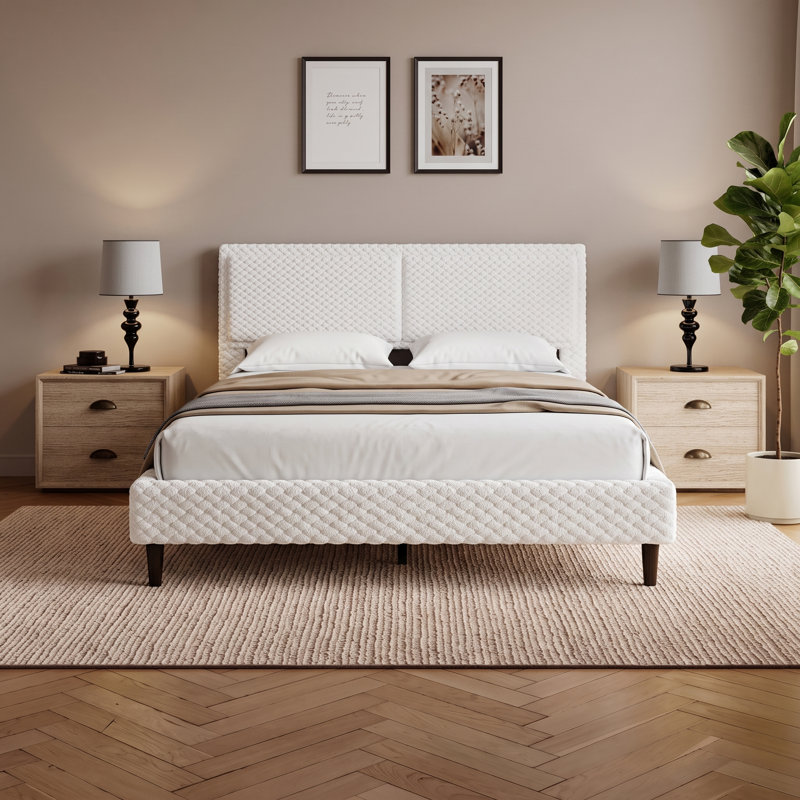Lit tapissier contemporain Solara, Blanc, Grand