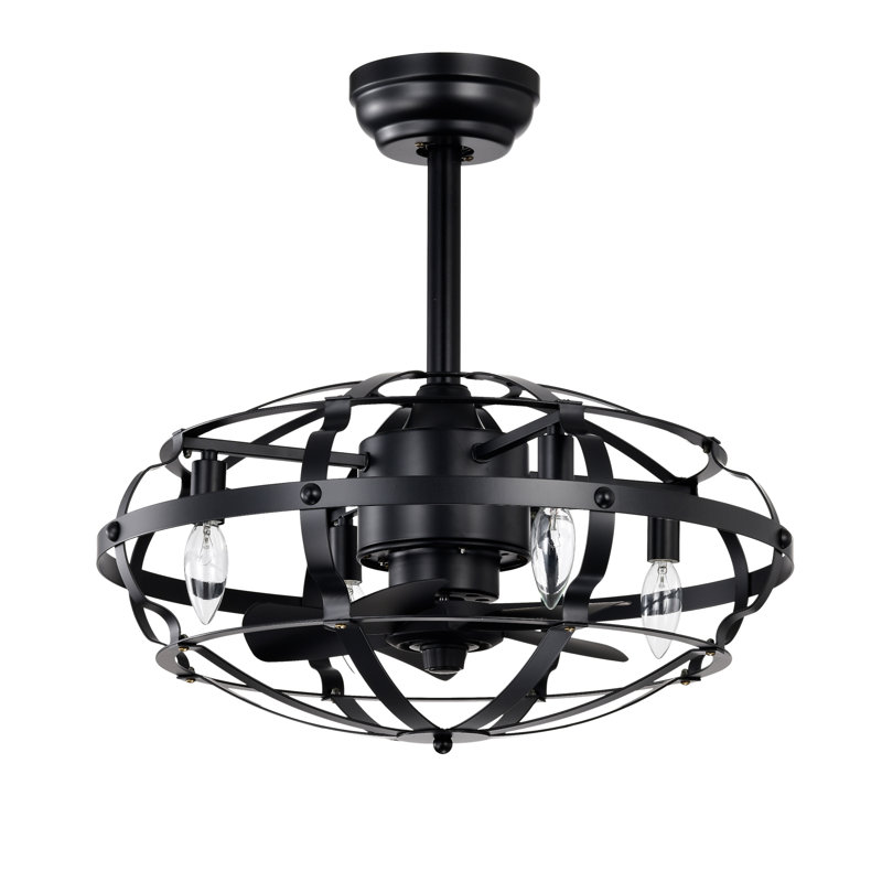 Hot Sell Industrial Ceiling Fan Light Kit For Living Room Bedroom Kitchen And Bladeless Caged Ceiling Fan With Lights, Black