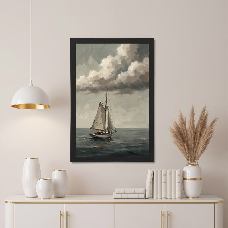 Voilier sur un océan gris sous de lourds nuages, art mural, 18"H x 12"W