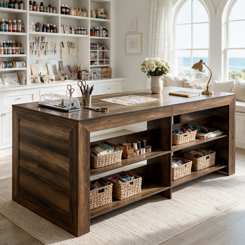 Table de couture de 150 cm avec rangement, table de bricolage de style campagnard