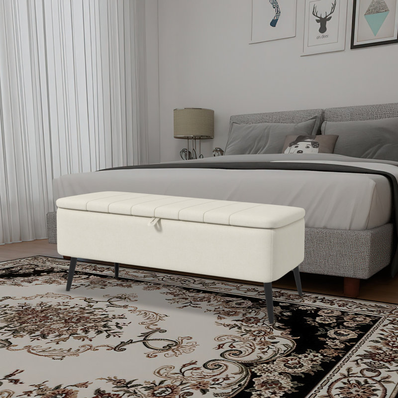 Polyester Upholstered Bench with Flip Top, Cream White