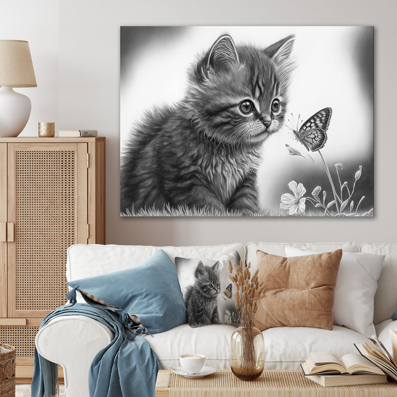 Art numérique sur toile, "Petit chaton avec papillon IV", L 20 po x H 12 po, Toile tendue
