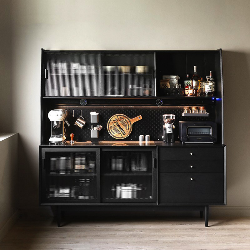 70.87" Retro Black Solid Wood Sideboard, Light Luxury Home Tea & Wine Storage Cabinet