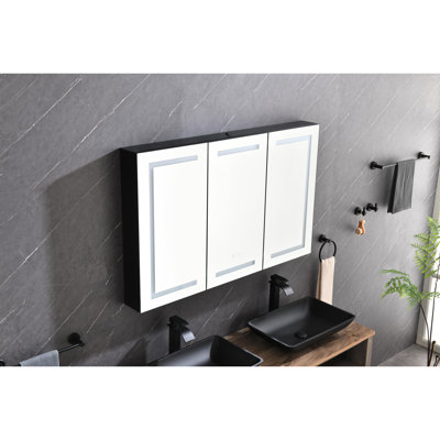 Pharmacie 48 "x 30" à DEL avec lumières, gradateur, horloge, affichage de la température et plateau en aluminium noir mat pour support de salle de bain