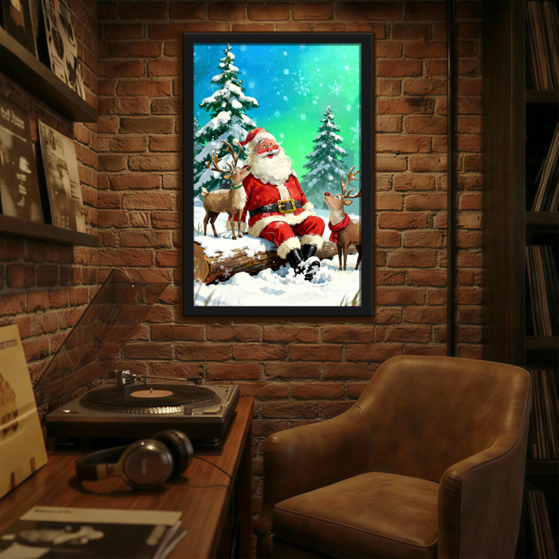 Noël père Noël avec renne dans la forêt enneigée, H 24 po x l 16 po