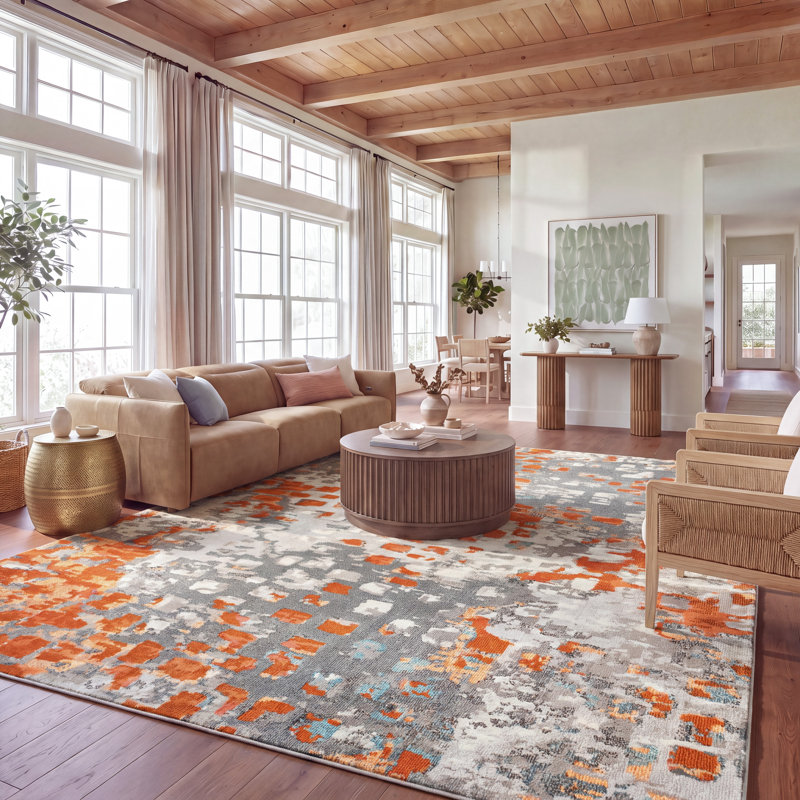 Tapis abstrait Hertzler, Gris / Orange, Rectangle 10 pi x 14 pi