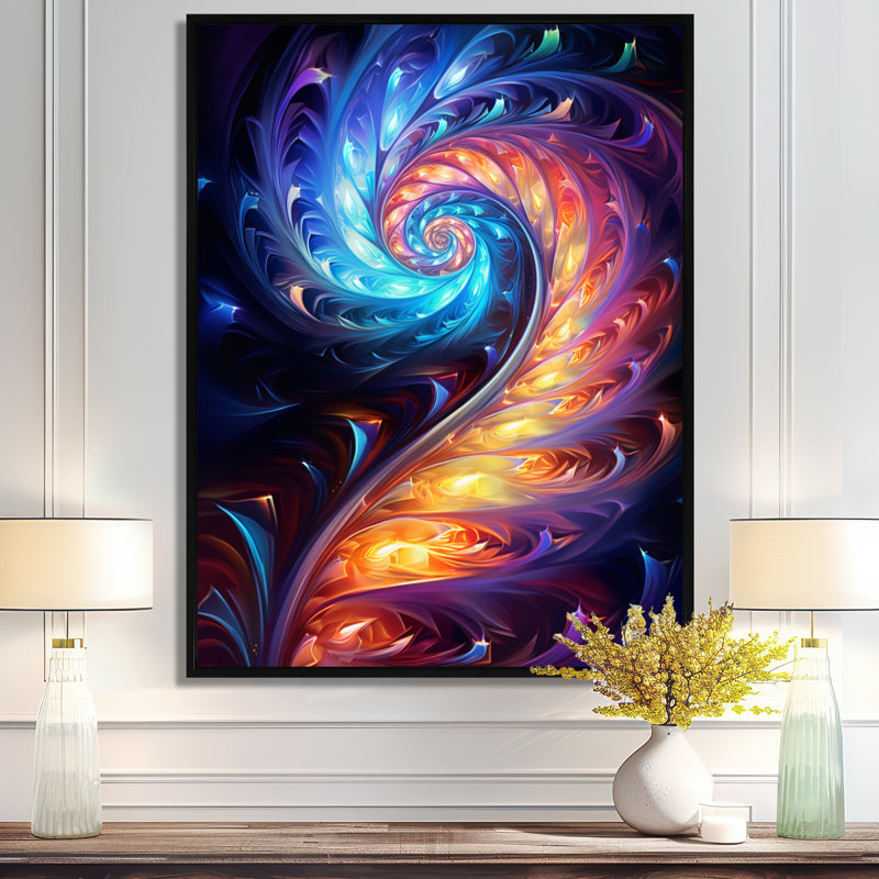«Vibrant Fractal Glow Journey - Abstract Spirals», art mural, Cadre flottant noir, H 32 po x l 16 po x P 1 po