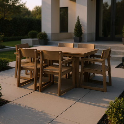 Table de patio pour 7 personnes avec trou pour parasol et 6 chaises avec accoudoirs Brown