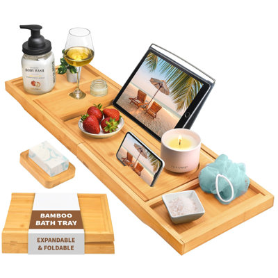 Premium Foldable Bathtub Tray - Bamboo Waterproof Bath Tray For Tub Caddy - Wooden Holder For Wine, Book, Soap, Phone, Luxury Gift For Men & Women - Expandable, Fits Most Tubs In Bathroom