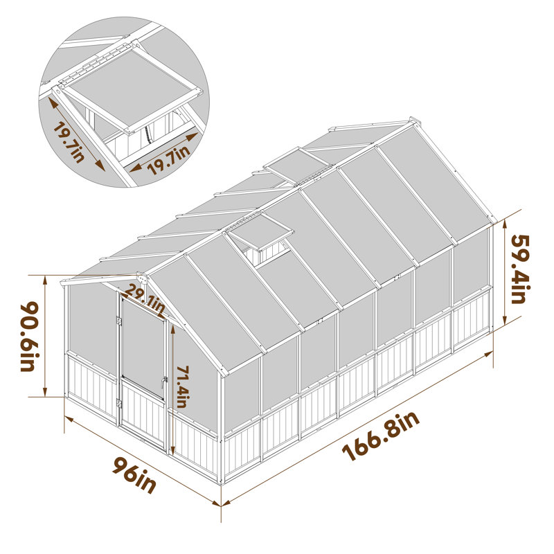 Ourdoor Wooden Polycarbonate Greenhouse 8x14Ft, 90.6" H x 96" W x 166.8" D