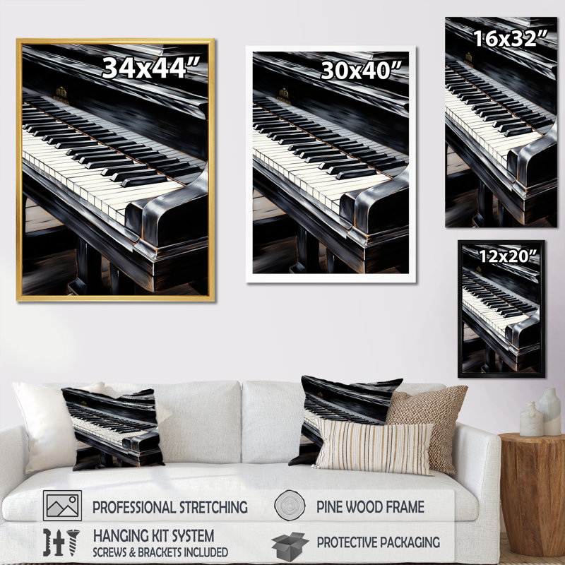 «Black and White Piano Keys To Serenity III», reproduction sur toile, Cadre flottant noir, 20" H x 12" W
