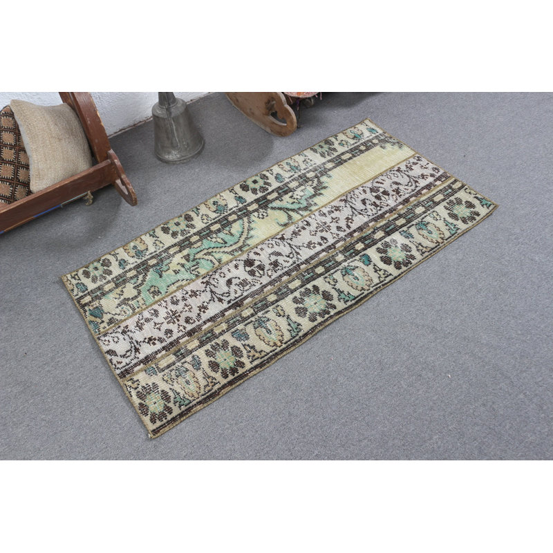 Handmade Vintage Turkish Runner Rug in Green for Unique Bohemian Floor and Entryway Decor