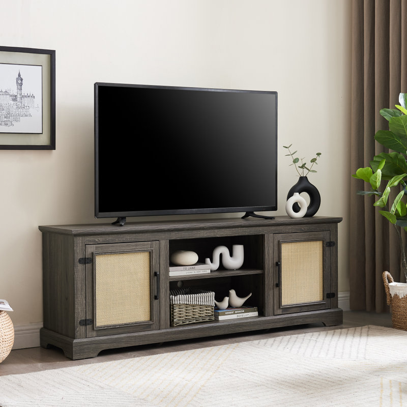 Meuble télé en rotin de 70 po avec deux tablettes, Gris