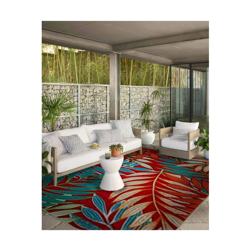 Tapis décoratif moderne à motif de feuilles d'arbre lavable à la machine bleu et rouge