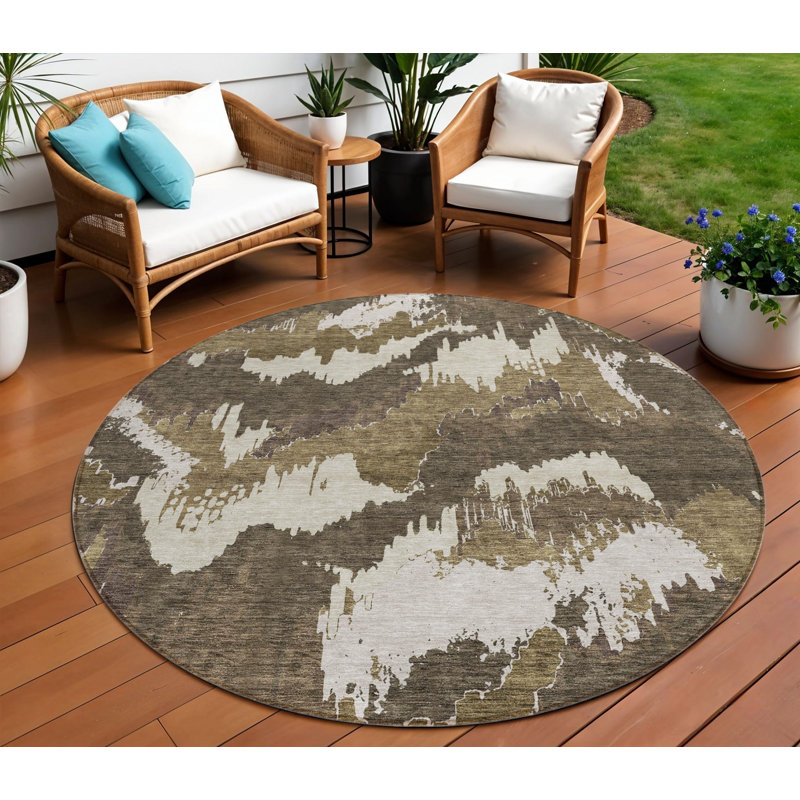 Tapis d'intérieur rond lavable abstrait beige et taupe 8 pi