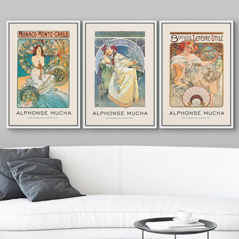 Œuvre d'art classique classique, femmes, 3 pièces, Alphonse Mucha Nouveau, H 36 po x l 24 po x P 1,5 po