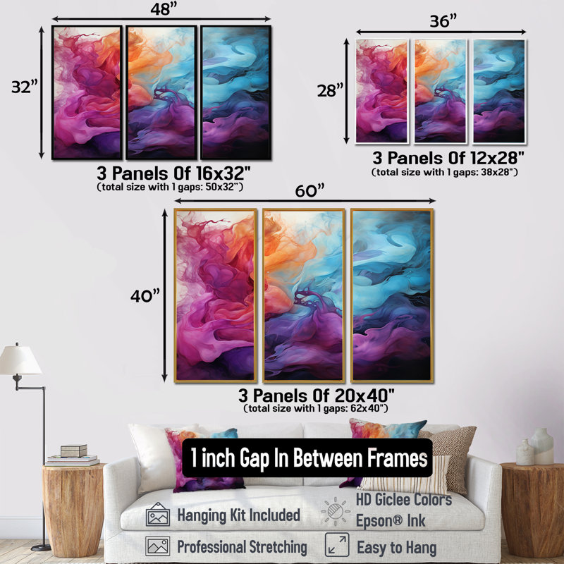 Liquide, encre, nuages, mauve, magenta, nuages dorés - ensemble d'impression d'art mural en marbre, Cadre flottant doré