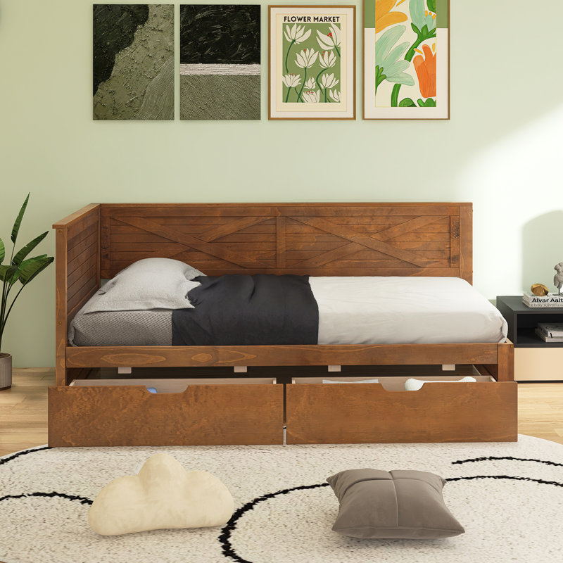 Lit de jour simple en bois avec 2 tiroirs et garde-corps rustique, Brun
