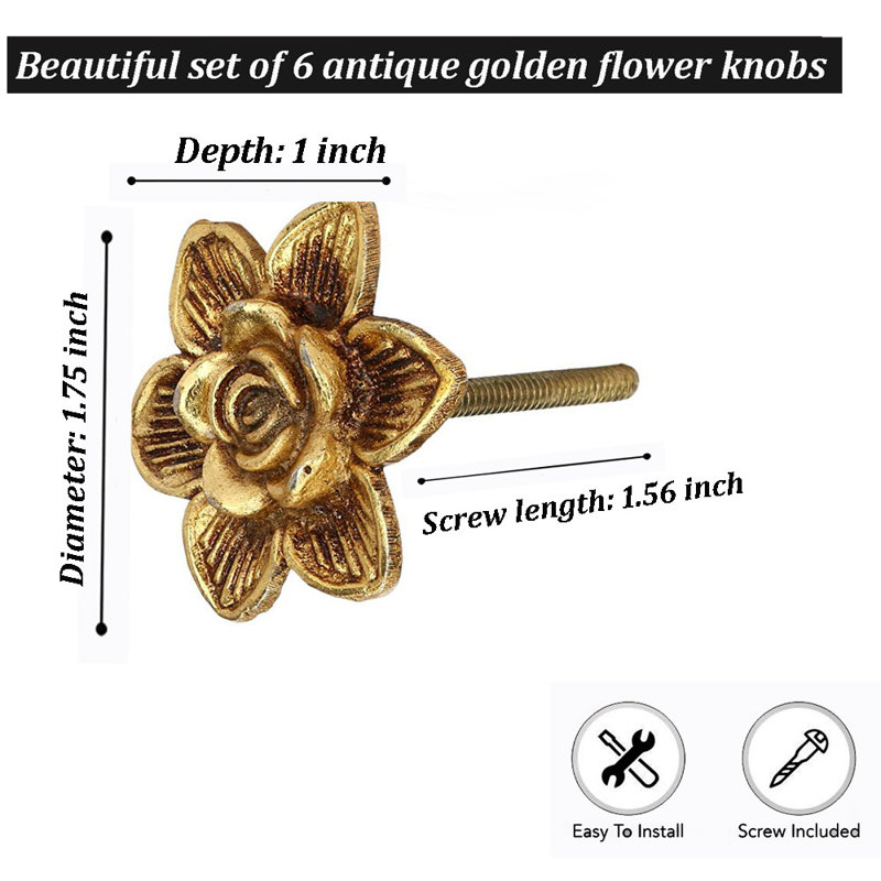 Set of 6 Antique Gold Flower Metal Cabinet Knobs