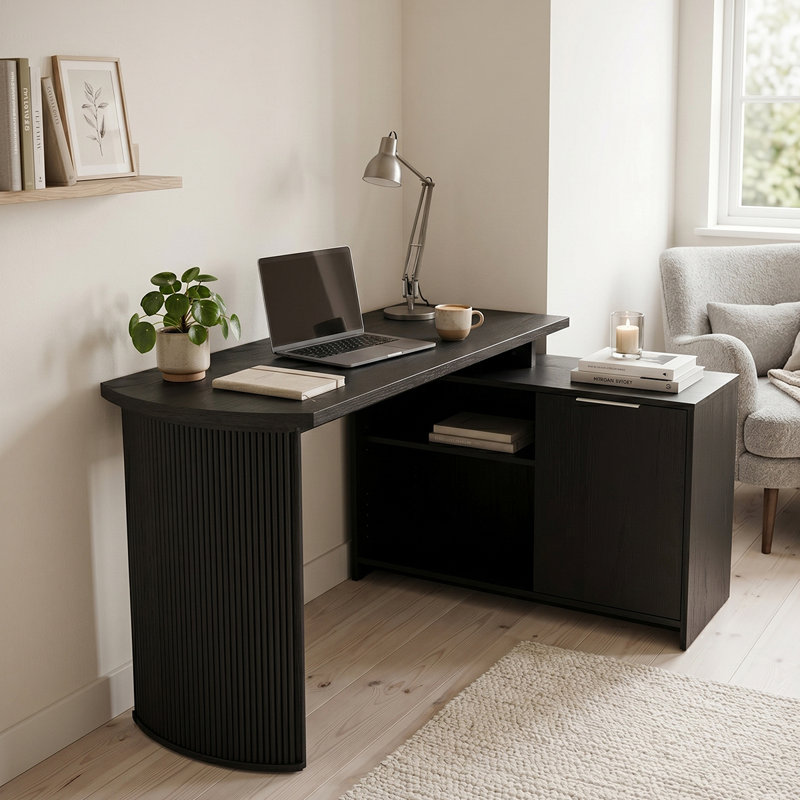 L-Shaped Credenza Desk, Black 