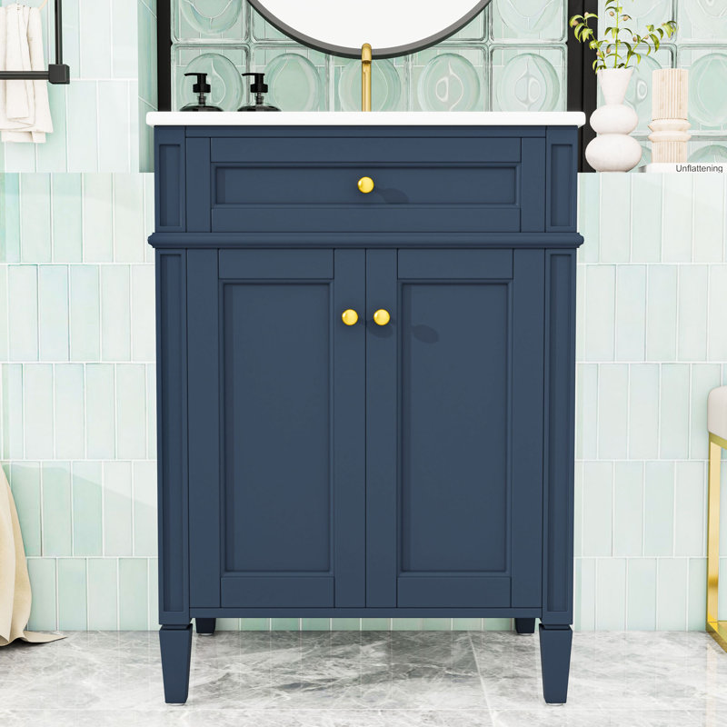 Meuble-lavabo autoportant avec lavabo en céramique, tiroir basculant et tablette réglable, Blue
