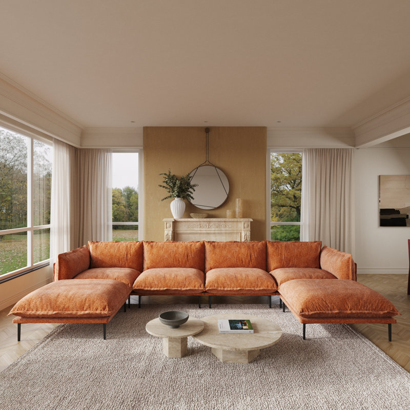 Traci Upholstered 147.24'' Wide Velvet Reversible Modular Sofa & Chaise,6-piece, Orange