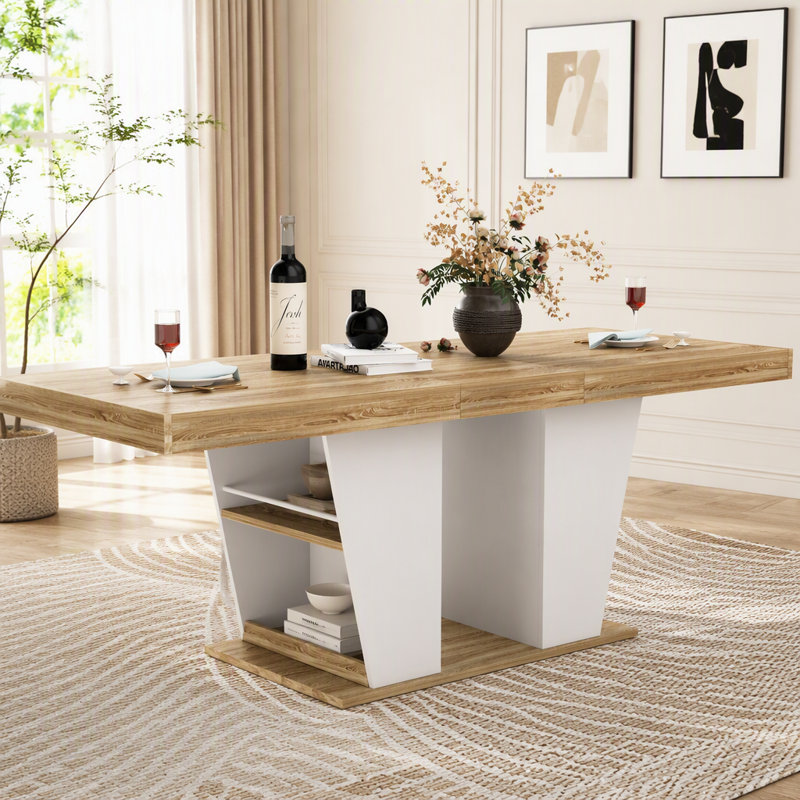 Table de salle à manger extensible 78,7 pouces avec tablettes de rangement latérales pour 8 à 10 personnes, Blanc
