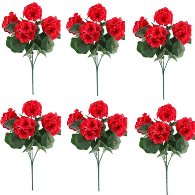 Artificial Geraniums Fake Flowers for Outdoors Decoration, 6 Bundles Silk Geraniums Red Flower UV Resistant Look Real Faux Plants for Front Door Garden Porch Planter Patio Balcony Yard Indoor Home