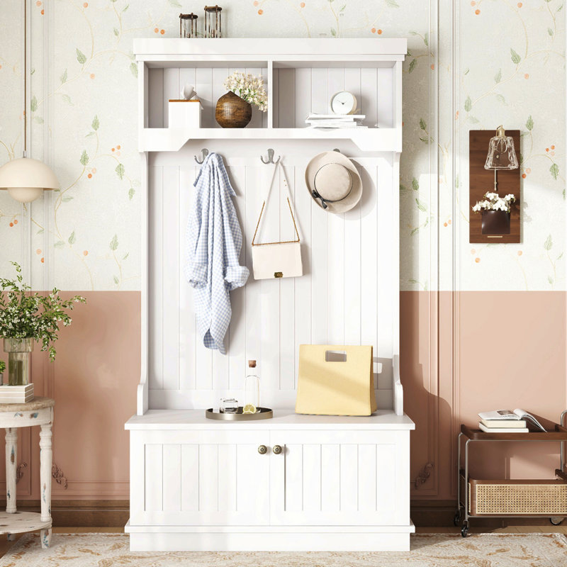 Portemanteau avec banc à chaussures pour l'entrée et le couloir, portemanteaux 4 en 1 avec crochets pour le salon, White