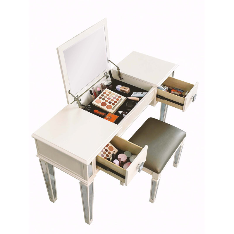 Mirrored Vanities Desk With Drawers, Bedroom Makeup Vanity Table Set With Mirror And Stool, Flip Up Dressing Table For Bedroom/Makeup Room, Working Desk For Women, Girl Furniture Combo