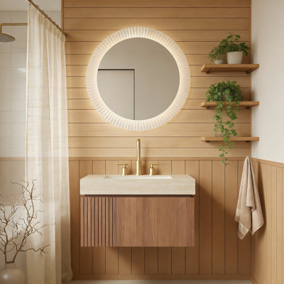 Meuble-lavabo 30 po, meuble de rangement flottant en contreplaqué avec tiroir et porte, comptoir en pierre frittée Roma Travertine et lavabo en céramique avec 3 trous de robinet pré-percés, pré-assemblé, grain de bois de chêne brun
