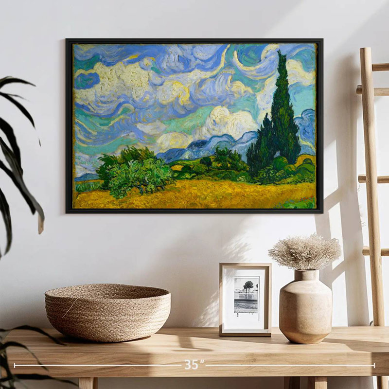 Champ de blé avec cyprès, 25 po x 17 po, Cadre flottant noir