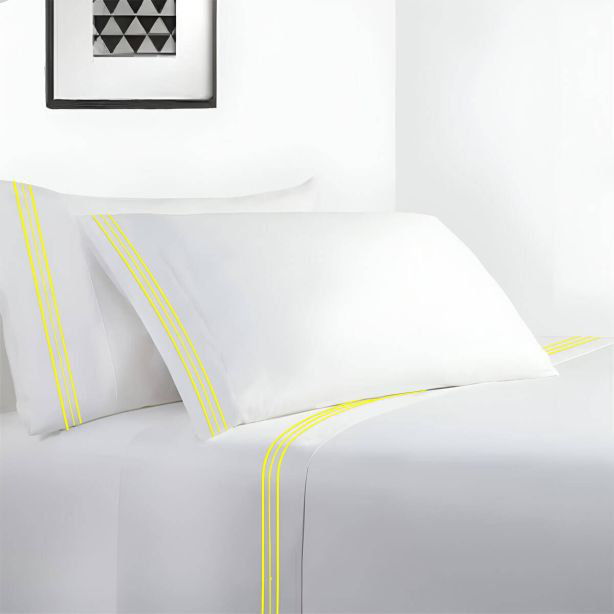 400TC Cotton Sateen Classic Embroidery Cotton 4 Piece Sheet Set Fitted Sheet Fits Upto 16" Deep Pocket, Yellow