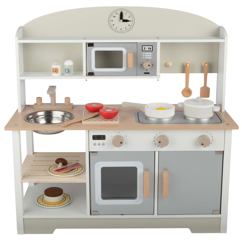 White and Gray Wooden Toddler Kitchen Playset with Accessories