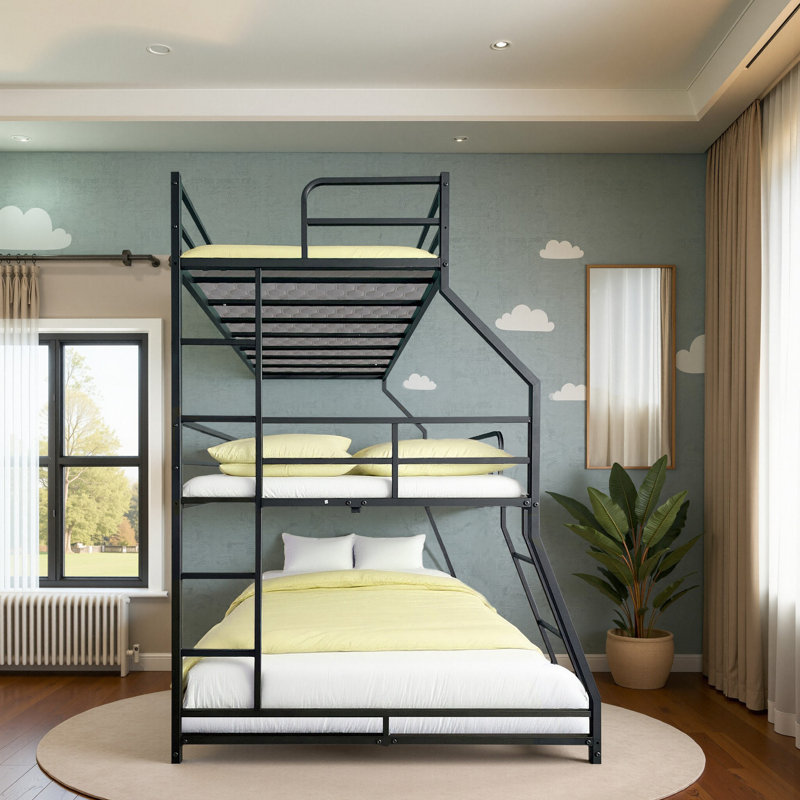Lit triple en noir, long et court, peu encombrant, look moderne, idéal pour les petites chambres, lit en métal noir, facile à assembler, échelles encastrées, pièces de rangement