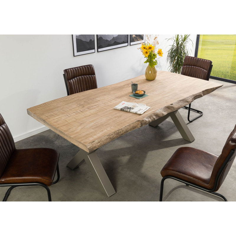 Solid Wood Top Metal Base Dining Table, Beige, 77 cm H x 220 cm L x 100 cm D, Silver