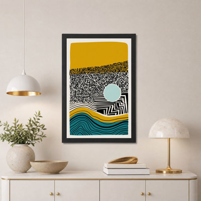 Tableau abstrait à lignes avec des vagues jaune moutarde et turquoise