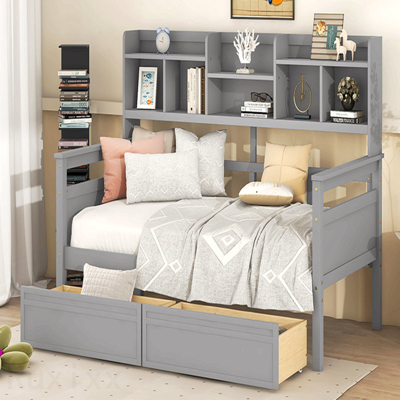 Lit de jour simple, support en lattes de bois, avec tablettes de chevet et deux tiroirs, gris, Grey