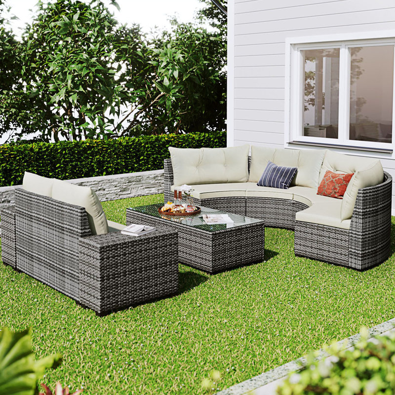 8-Pieces Outdoor Wicker Round Sofa Set, Half-Moon Sectional Setsr, Curved Sofa Set With Rectangular Coffee Table, Beige
