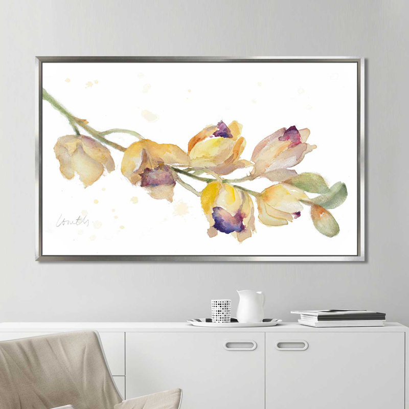 «Orchid Bud Branch», reproduction de peinture à l'aquarelle, H 27,5 po x l 43,5 po x P 2 po, Cadre flottant argent