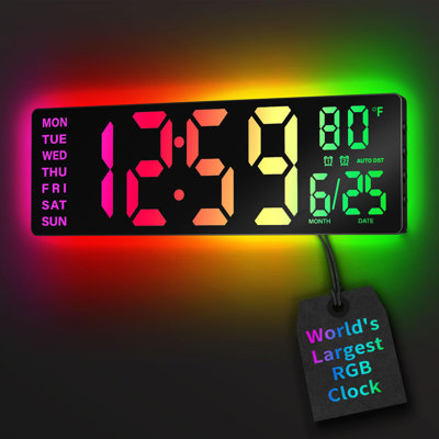 16.5" Large Digital Wall Clock With BT Sync, RGB Lights With 11 Scenes Mode Remote Control, Dual Alarms With Big LED Display, Auto DST, Temperature For Classroom Gaming