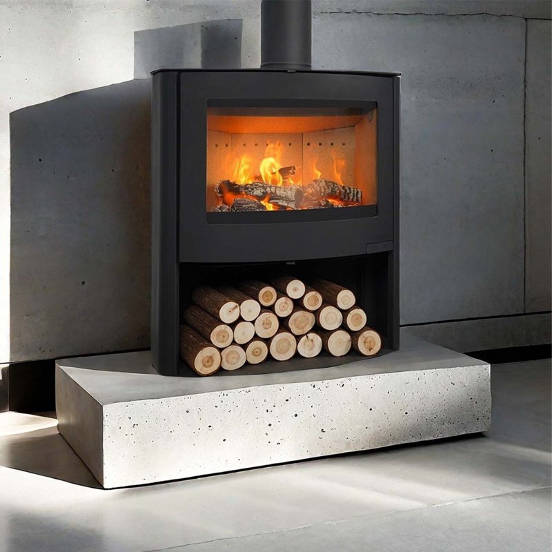 Curved wood fireplace for domestic heating