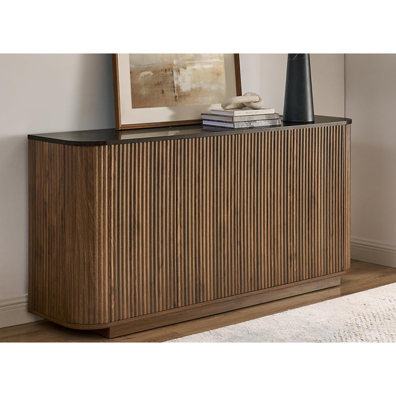64" Buffet Cabinet with Faux Marble Top and Fluted Accents, Modern Storage Sideboard with Adjustable Shelves for Kitchen or Living Room (Walnut)