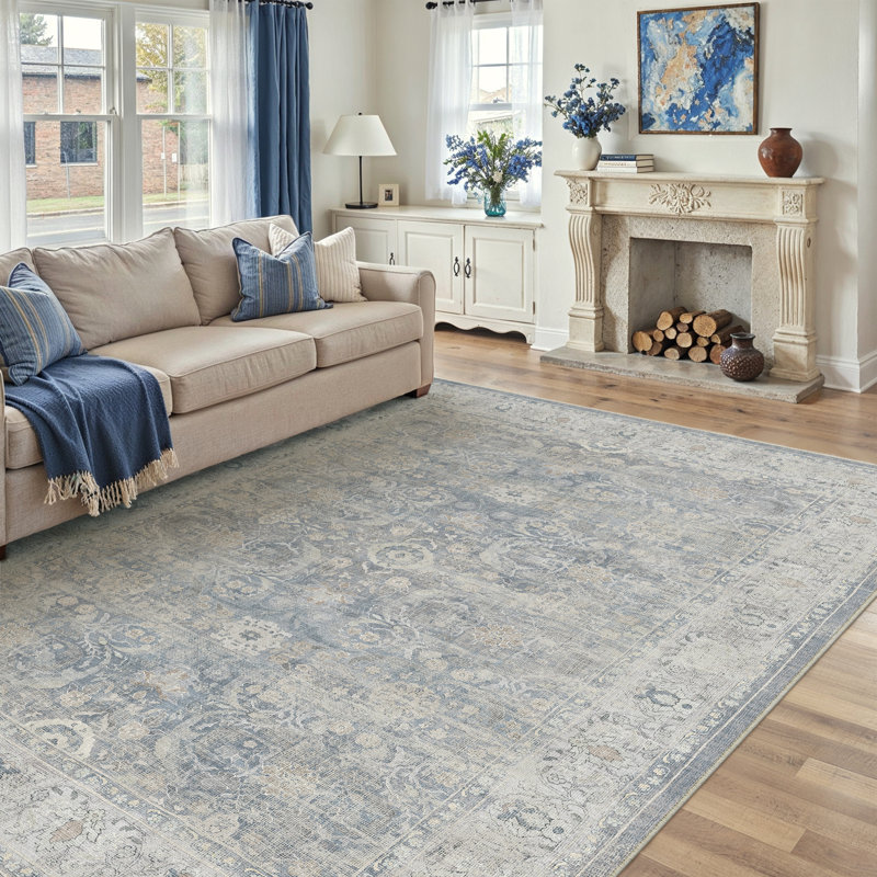 Bremerton Vintage Washable Blue Area Rug With Non-Slip Backing, Rectangle 8' x 10', Blue