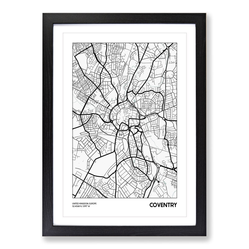 Map Coventry UK - Picture Frame Graphic Art, Black Framed, 36cm H x 27cm W x 2cm D
