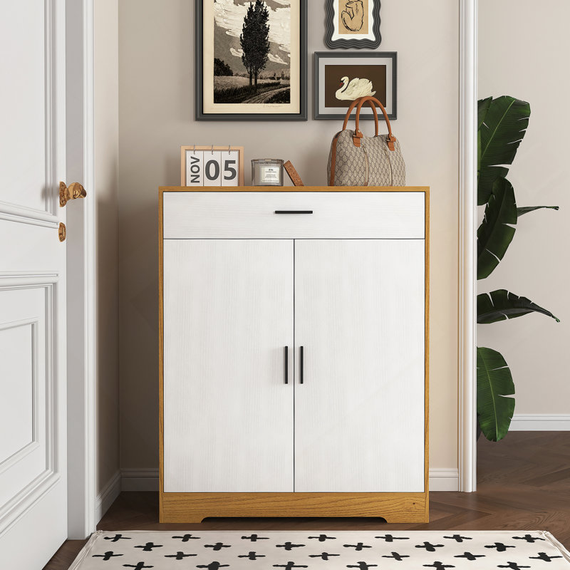 Shoe Cabinet, 4-Tier Shoe Rack Organizer With 1 Drawer, Freestanding Wooden Shoe Storage Cabinet With 2  Door & Adjustable Shelves For Entryway Hallway