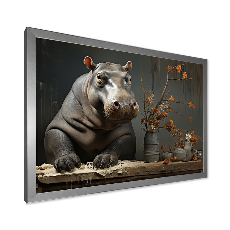 Rivers Guardian 1 - art mural hippopotame, H 24 po x l 32 po x P 1 po, Cadre de coin argenté fermé