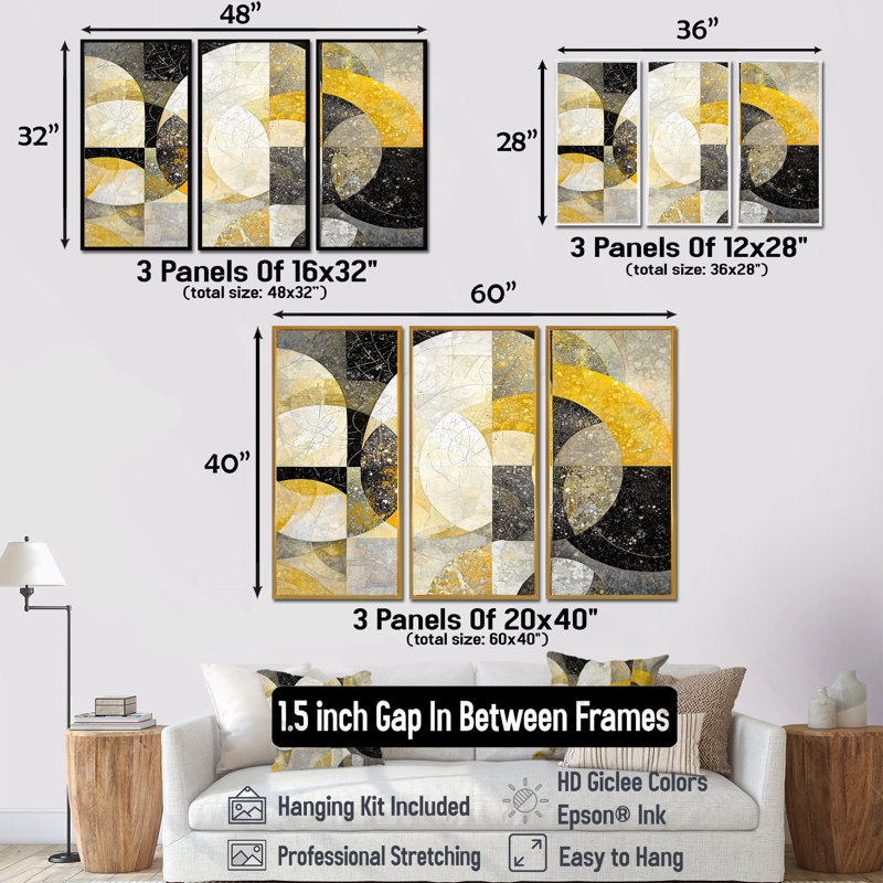 «Celestial Balance of Yellow Mosaic II», ensemble d'art mural géométrique abstrait, H 40 po x l 60 po, Argent argent