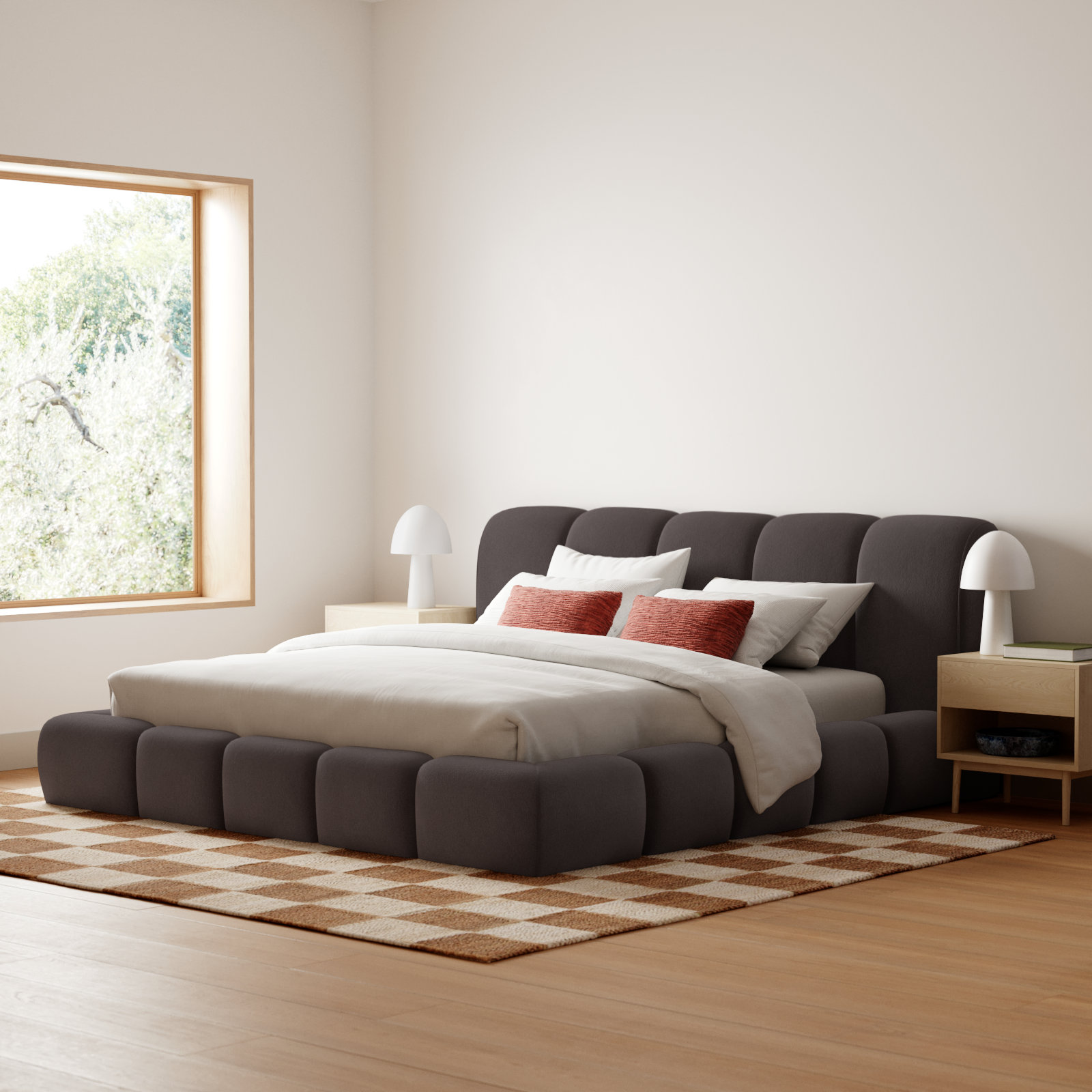 Vandalia Upholstered Scalloped Bed, Queen, Brown