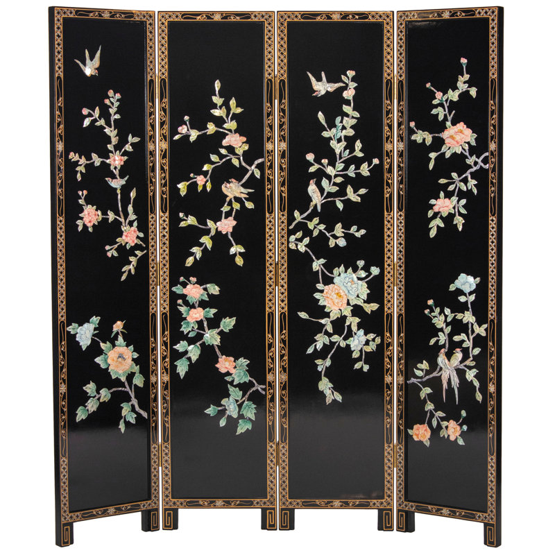 6 Ft. Tall Black Lacquer Room Divider - Birds And Flowers